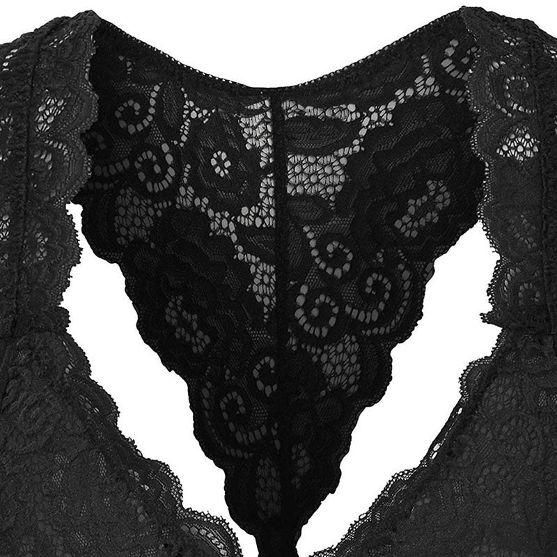 Sheer Floral Lace Racerback Bralette Solid Color Hollow Lace Underwear Bra