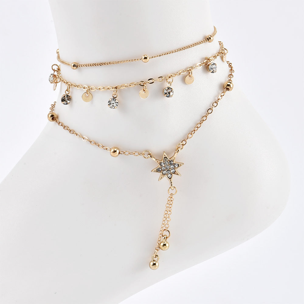 Golden Multilayer Circle Diamond Anklet For Women