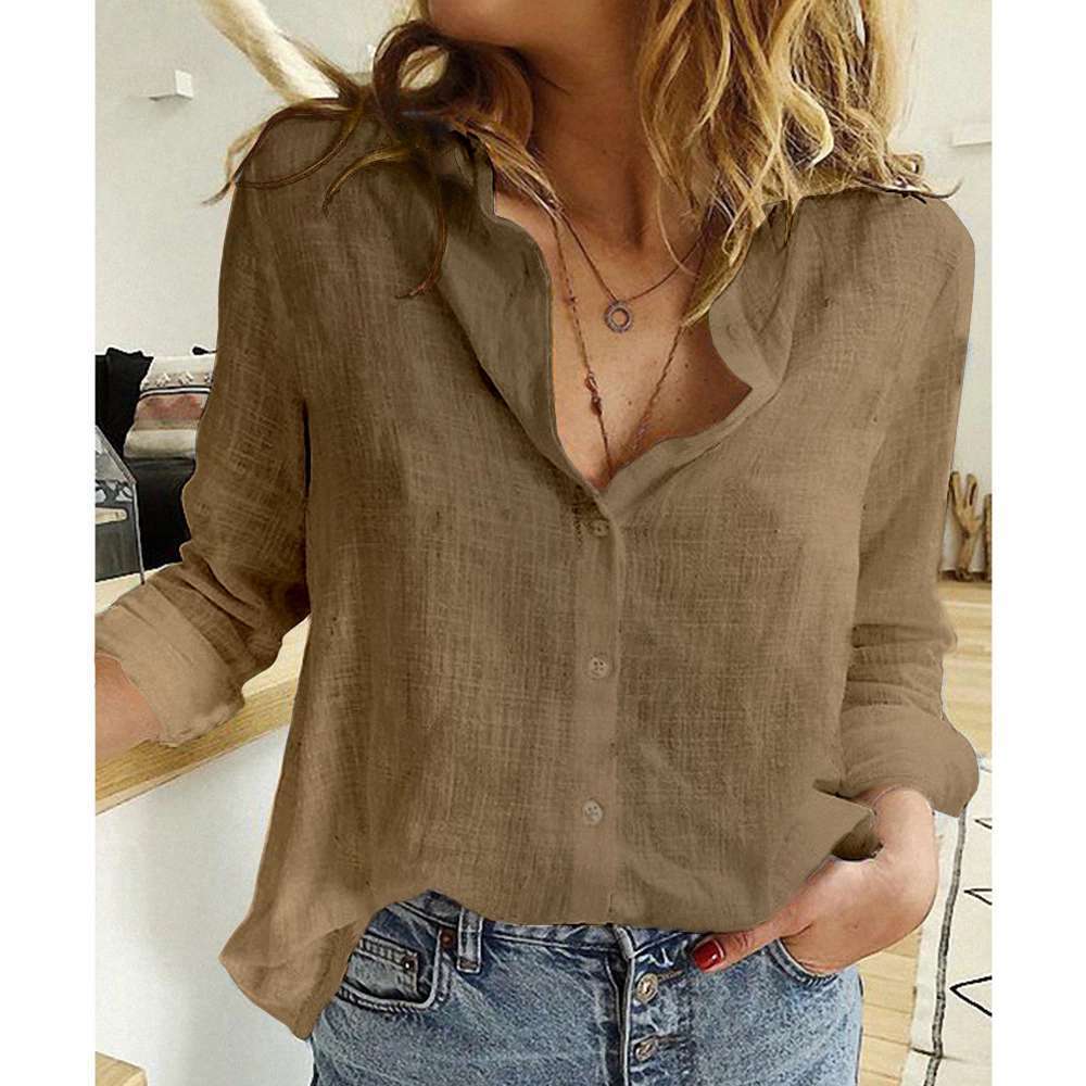 Solid Color Casual Loose Long Sleeve Linen Shirt For Women's