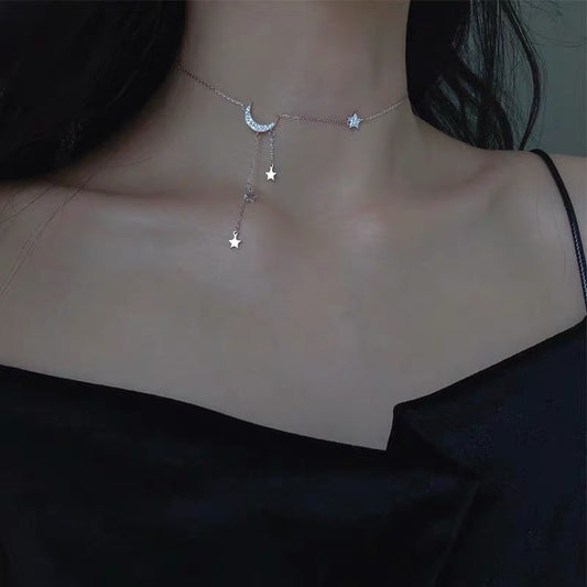 Temperament Simple Star And Moon Pendant Necklace Female Tide Niche Light Luxury Korean Personality Clavicle Chain