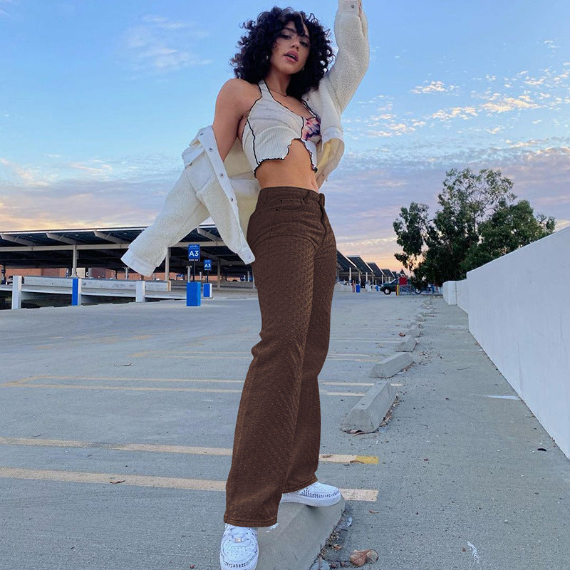 Dot & Dash High-Waist Flares – Vintage Chic, Modern Fit Foreign Trade New Street Trend Women's Wear Ripped Texture Jeans Wide-Leg Pants Women