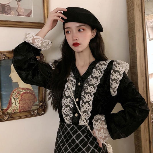 Victorian Style White/Black Lace Detail Top Shirts Women V-Neck Flare Sleeve Patchwork French