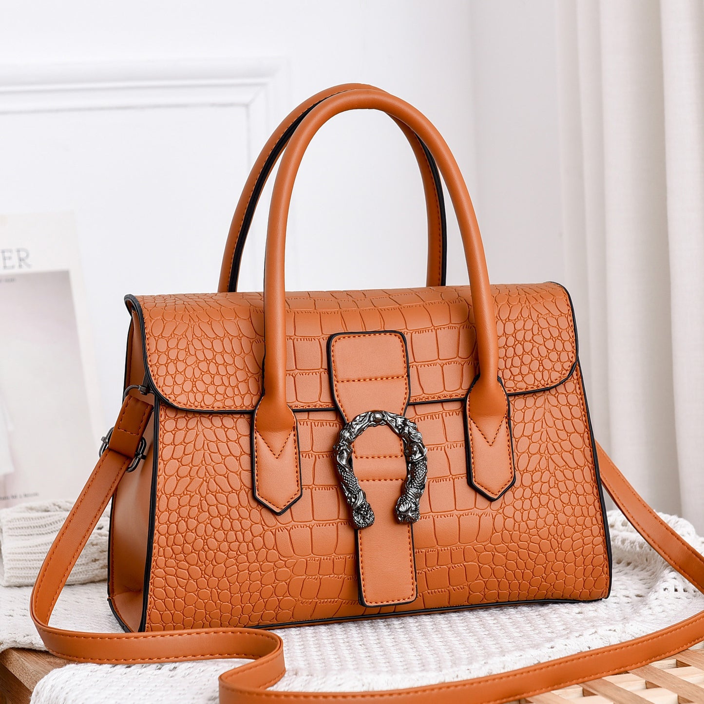 Classic Croc-Embossed Top Handle Handbags – Elegant Structured Shoulder Bags for Women (Multiple Colors) Korean Fashion Women's Bags Shoulder Diagonal Tote