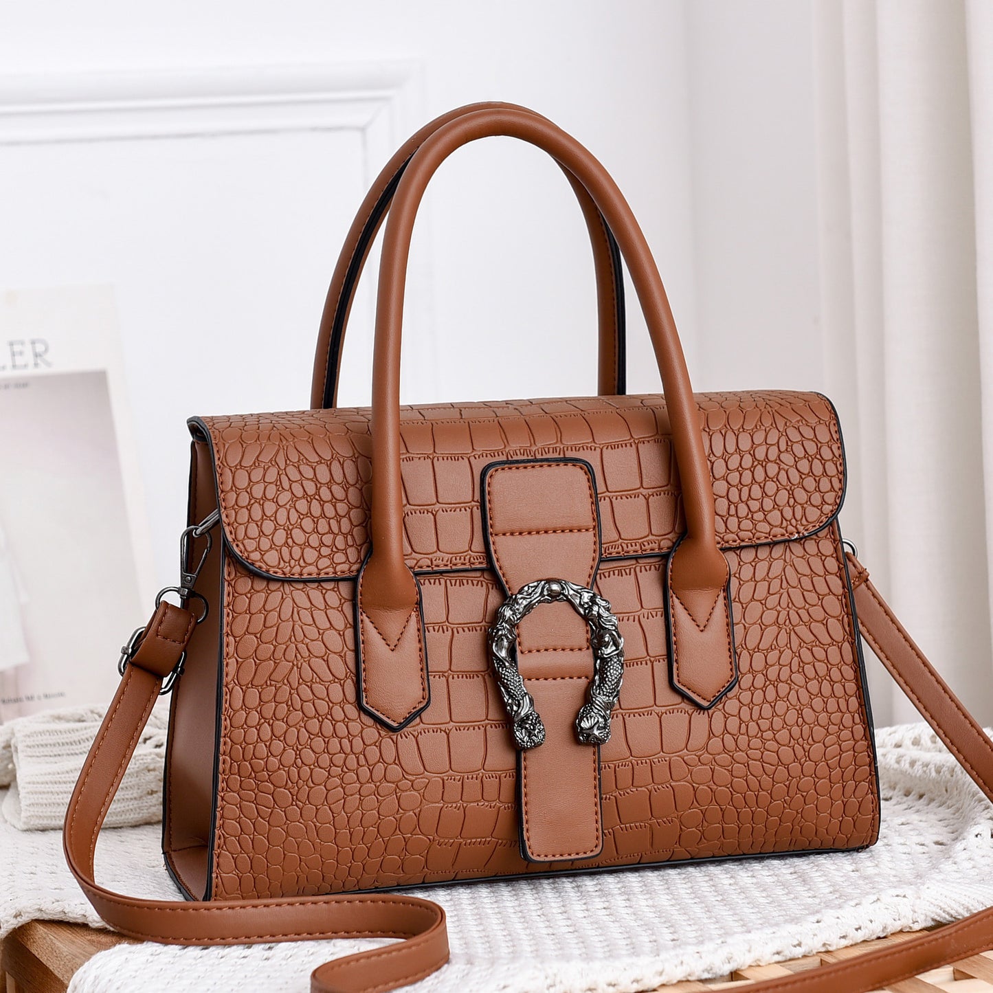 Classic Croc-Embossed Top Handle Handbags – Elegant Structured Shoulder Bags for Women (Multiple Colors) Korean Fashion Women's Bags Shoulder Diagonal Tote