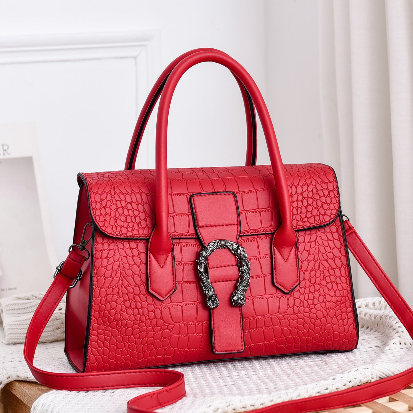 Classic Croc-Embossed Top Handle Handbags – Elegant Structured Shoulder Bags for Women (Multiple Colors) Korean Fashion Women's Bags Shoulder Diagonal Tote