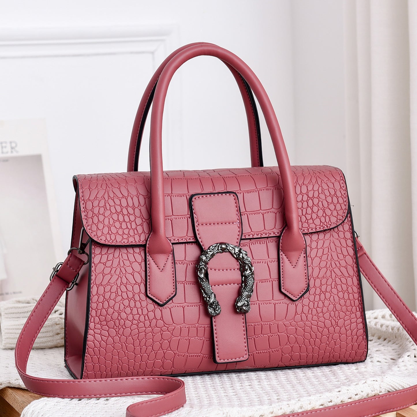 Classic Croc-Embossed Top Handle Handbags – Elegant Structured Shoulder Bags for Women (Multiple Colors) Korean Fashion Women's Bags Shoulder Diagonal Tote