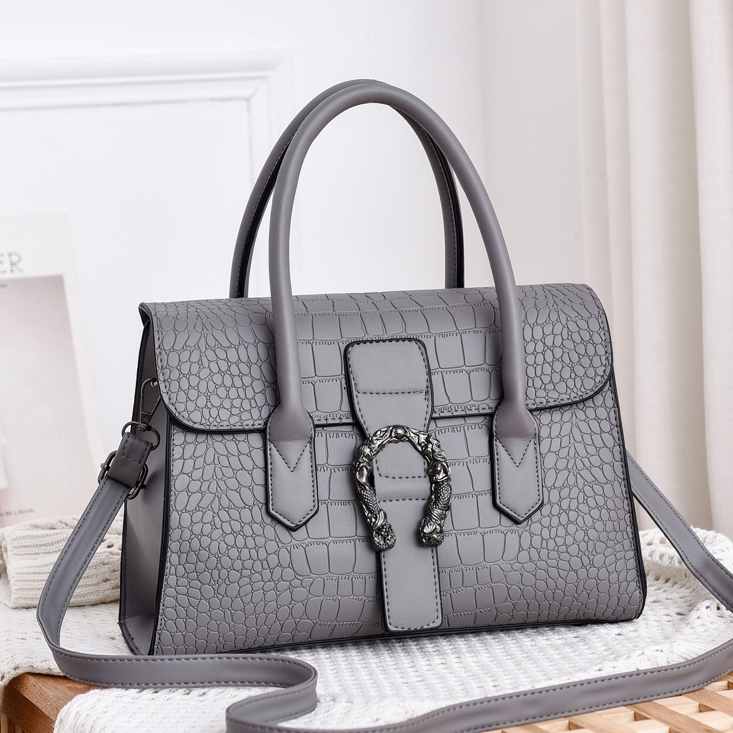 Classic Croc-Embossed Top Handle Handbags – Elegant Structured Shoulder Bags for Women (Multiple Colors) Korean Fashion Women's Bags Shoulder Diagonal Tote