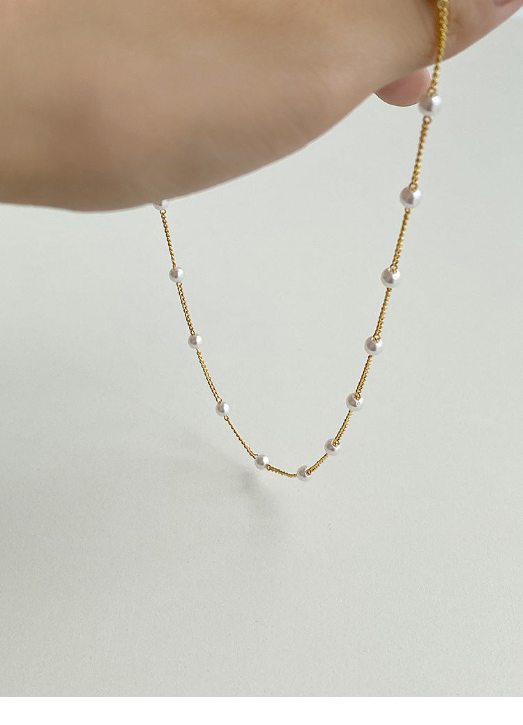 Dainty Gold Chain Pearl Station Choker Necklace All-match Temperament Stacking Accessories Clavicle Chain