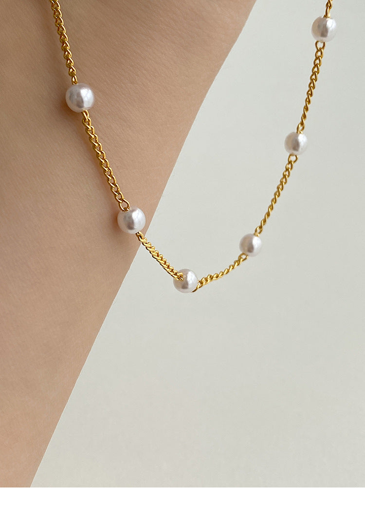 Dainty Gold Chain Pearl Station Choker Necklace All-match Temperament Stacking Accessories Clavicle Chain