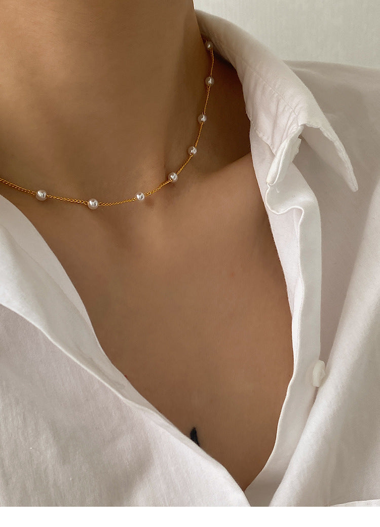 Dainty Gold Chain Pearl Station Choker Necklace All-match Temperament Stacking Accessories Clavicle Chain