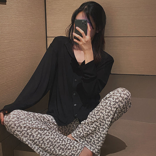 Ultra-Soft Long Sleeve Cardigan Top & Patterned Lounge Pants Set Pajamas For Women In Spring And Autumn