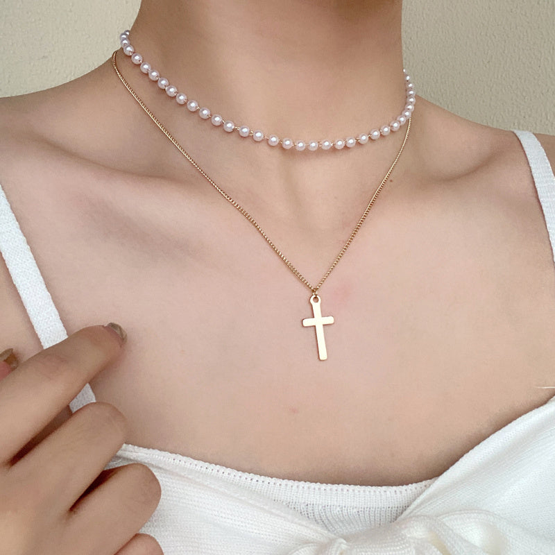 Dainty Pearl Choker & Pendant Necklace Set Europe And The United States Niche Design Double Necklaces Retro Pearl Clavicle Chain Net Red Fashion Fishtail Pendant Necklace Women