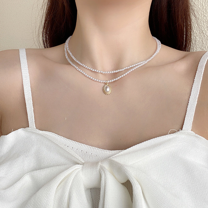 Dainty Pearl Choker & Pendant Necklace Set Europe And The United States Niche Design Double Necklaces Retro Pearl Clavicle Chain Net Red Fashion Fishtail Pendant Necklace Women