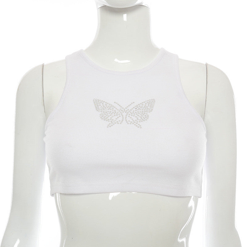Round Neck Sleeveless Navel Hot Rhinestone Craft Small Vest
