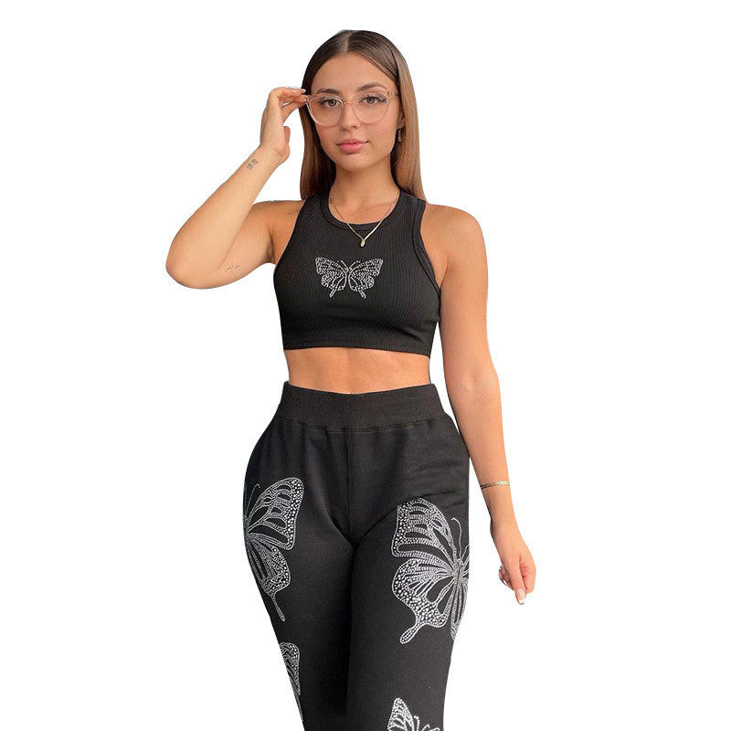 Round Neck Sleeveless Navel Hot Rhinestone Craft Small Vest