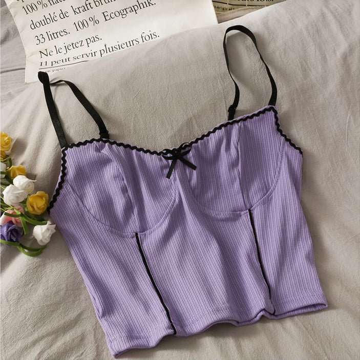 Lace Trim Ribbed Cami Top – Soft Spaghetti Strap Tank with Bow Detail in 5 Colors Sweet Wind Short Crop Navel Slim Show a Small Vest Inside