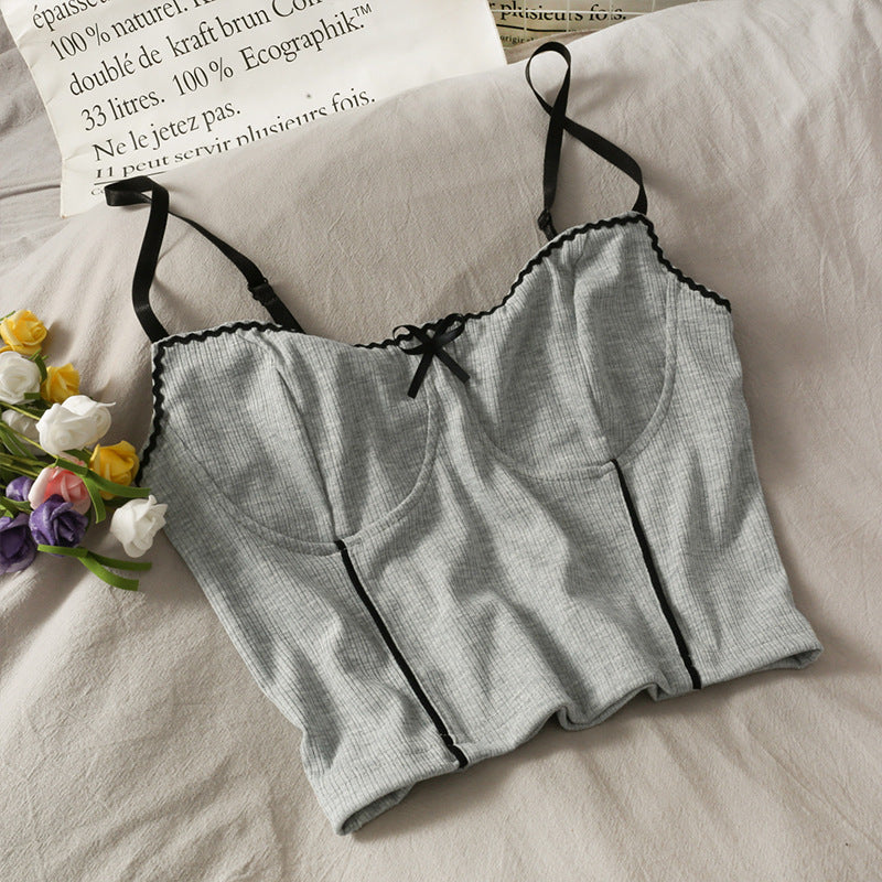 Lace Trim Ribbed Cami Top – Soft Spaghetti Strap Tank with Bow Detail in 5 Colors Sweet Wind Short Crop Navel Slim Show a Small Vest Inside