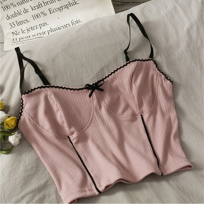 Lace Trim Ribbed Cami Top – Soft Spaghetti Strap Tank with Bow Detail in 5 Colors Sweet Wind Short Crop Navel Slim Show a Small Vest Inside