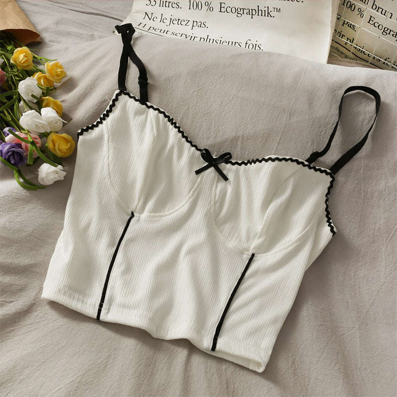Lace Trim Ribbed Cami Top – Soft Spaghetti Strap Tank with Bow Detail in 5 Colors Sweet Wind Short Crop Navel Slim Show a Small Vest Inside