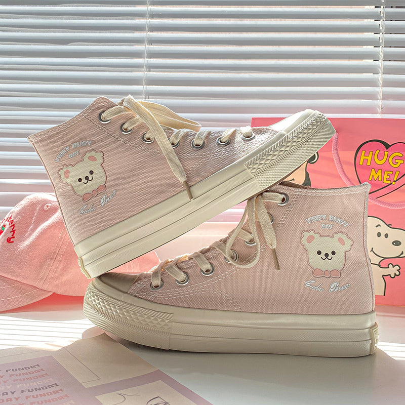 Soft Sister Pink Print Cute Bear High-Top Canvas Shoes Women