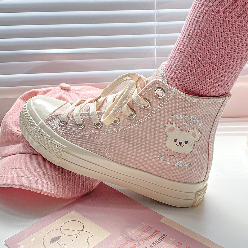 Soft Sister Pink Print Cute Bear High-Top Canvas Shoes Women