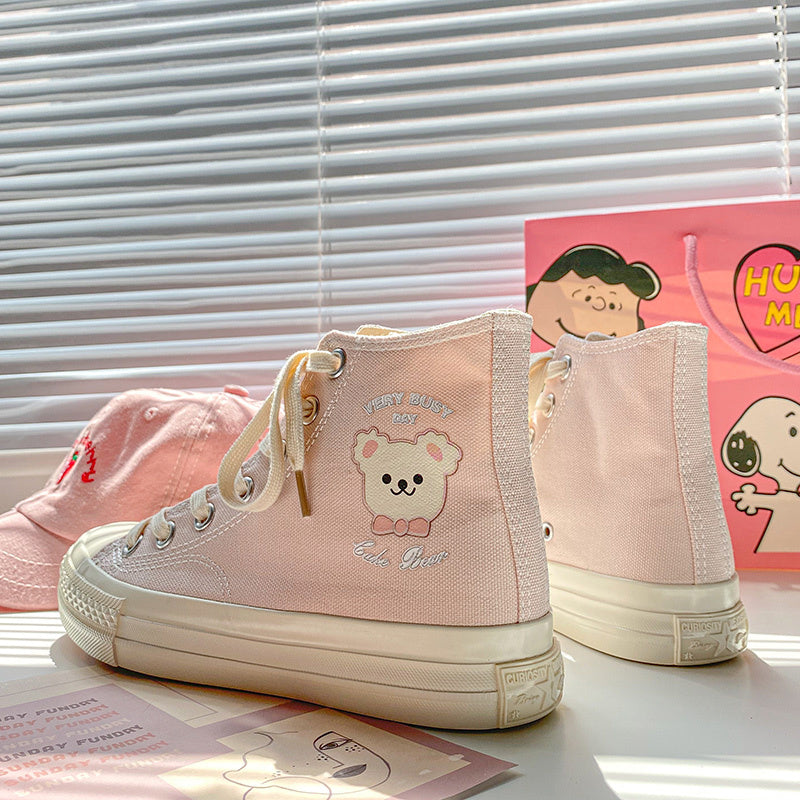Soft Sister Pink Print Cute Bear High-Top Canvas Shoes Women