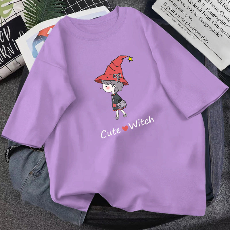 Trendy Graphic Tees – Cute Witch, Art, and Korean Style T-Shirts for Women & Teens Summer T-shirt Women Loose Korean Style Purple Top