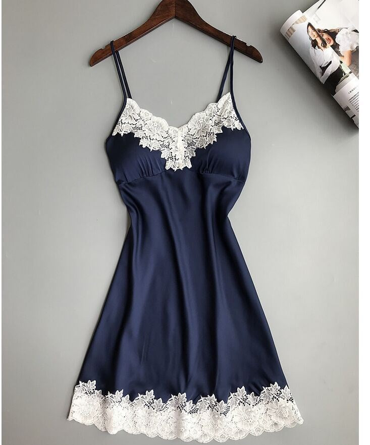Sexy Satin & Lace Slip Dress Nightgown V-neck Lace Hem Strap Nightdress
