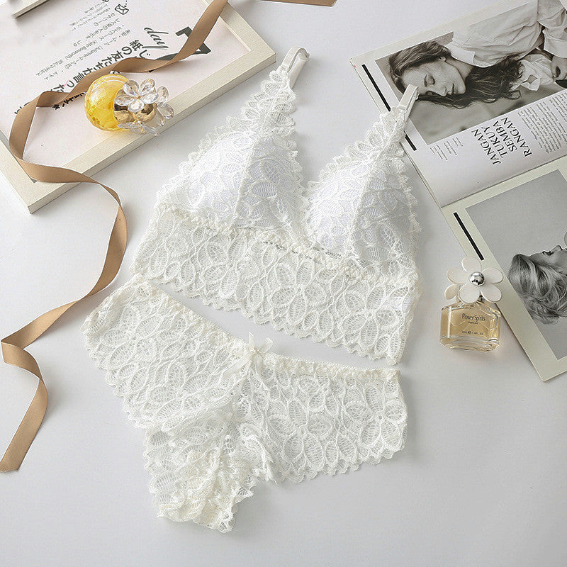 Lace Bralette & Panty Set - Deep V-Neck Wireless Lingerie Women Lace Bra Sets Seamless Underwear