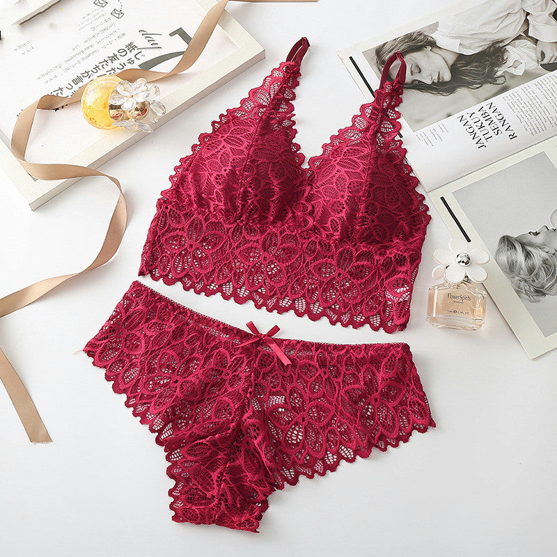 Lace Bralette & Panty Set - Deep V-Neck Wireless Lingerie Women Lace Bra Sets Seamless Underwear