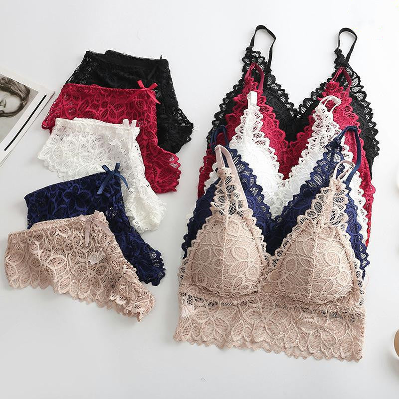 Lace Bralette & Panty Set - Deep V-Neck Wireless Lingerie Women Lace Bra Sets Seamless Underwear