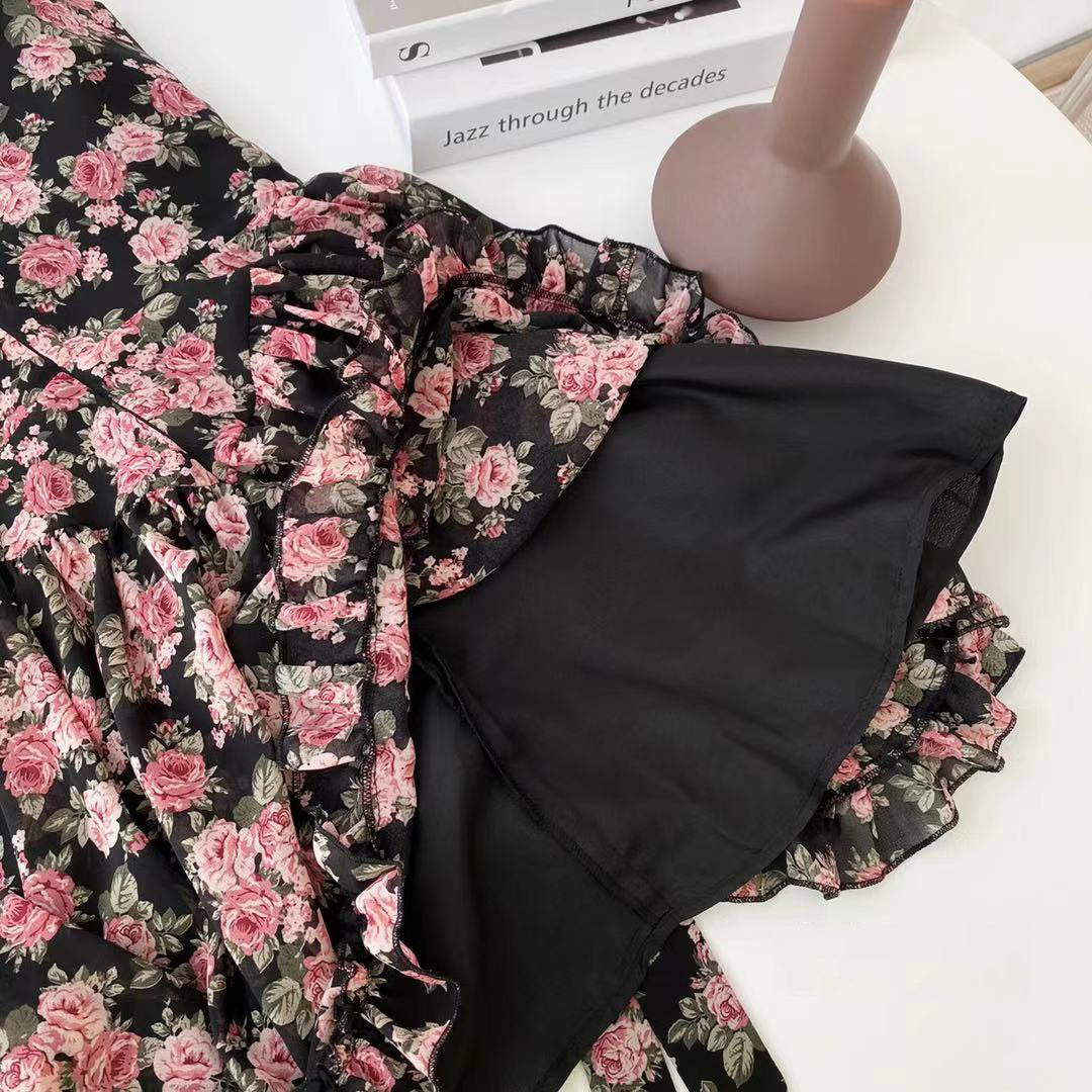 Cute Floral Print Tie-Shoulder Mini Dress Spicy World Rich Flowers Summer Women's New Floral Bow Sling Dress