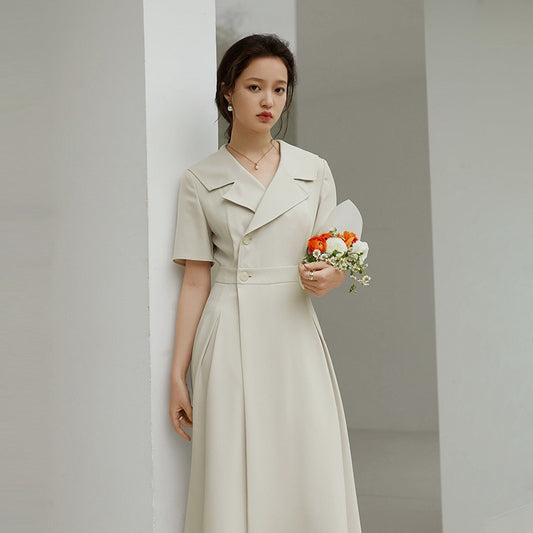 Vintage Inspired Button-Front Midi Dress Professional Suit Dress Female Summer New Hepburn Style Temperament Was Thin Long Skirt