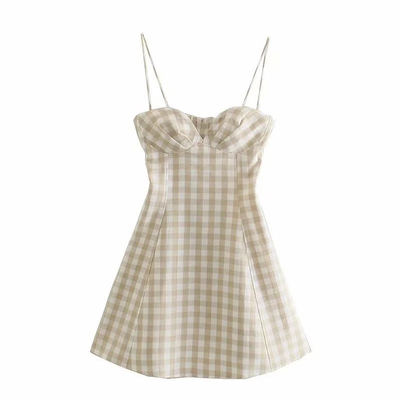Beige Gingham Plaid Mini Dress with Adjustable Straps European And American Style Classic Plaid Dress