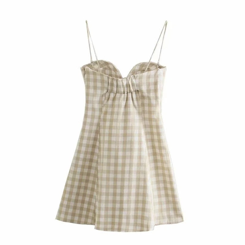 Beige Gingham Plaid Mini Dress with Adjustable Straps European And American Style Classic Plaid Dress