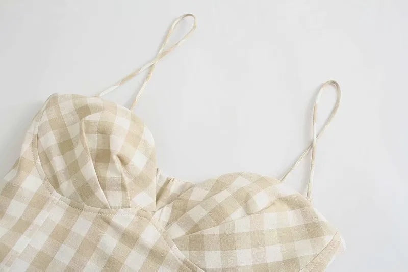 Beige Gingham Plaid Mini Dress with Adjustable Straps European And American Style Classic Plaid Dress
