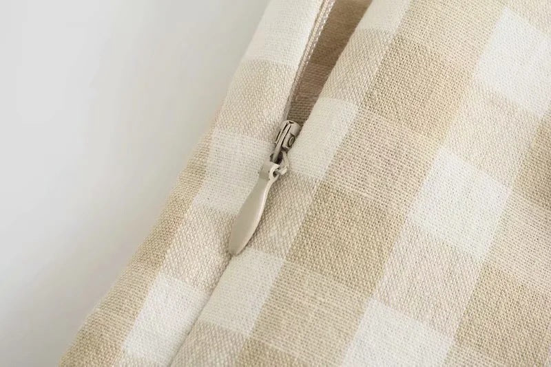 Beige Gingham Plaid Mini Dress with Adjustable Straps European And American Style Classic Plaid Dress
