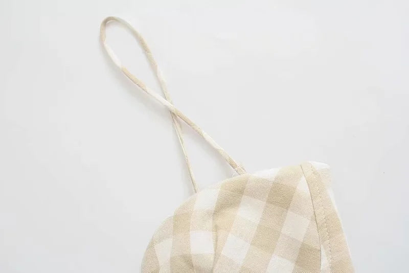 Beige Gingham Plaid Mini Dress with Adjustable Straps European And American Style Classic Plaid Dress