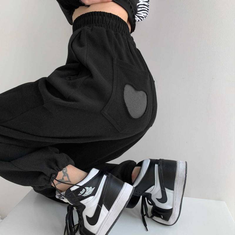 Heartbeat Patch Joggers – Cozy Love in Every Step HOUZHOU Women Pants Spring Gray Sweatpants Women Jogger