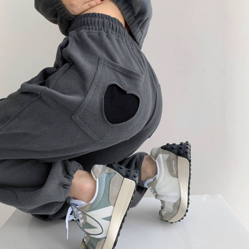 Heartbeat Patch Joggers – Cozy Love in Every Step HOUZHOU Women Pants Spring Gray Sweatpants Women Jogger