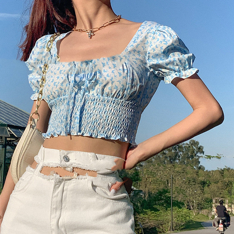 Butterfly Print Square Neckline Drawstring Princess Sleeve Crop Top