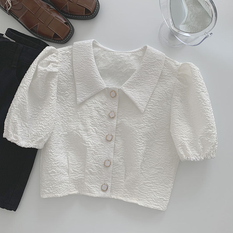 Elegant White Short Sleeve Button-Up Top Korean Style Niche Design Temperament Small Short Top