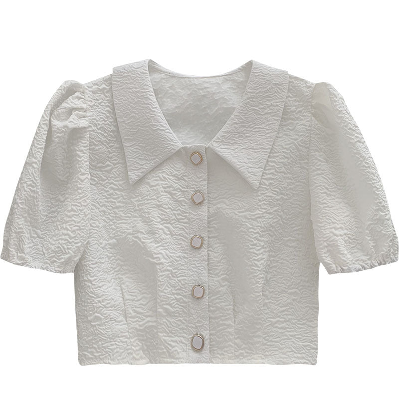 Elegant White Short Sleeve Button-Up Top Korean Style Niche Design Temperament Small Short Top