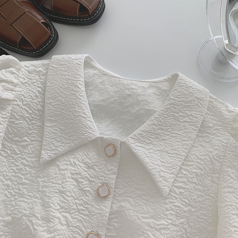 Elegant White Short Sleeve Button-Up Top Korean Style Niche Design Temperament Small Short Top