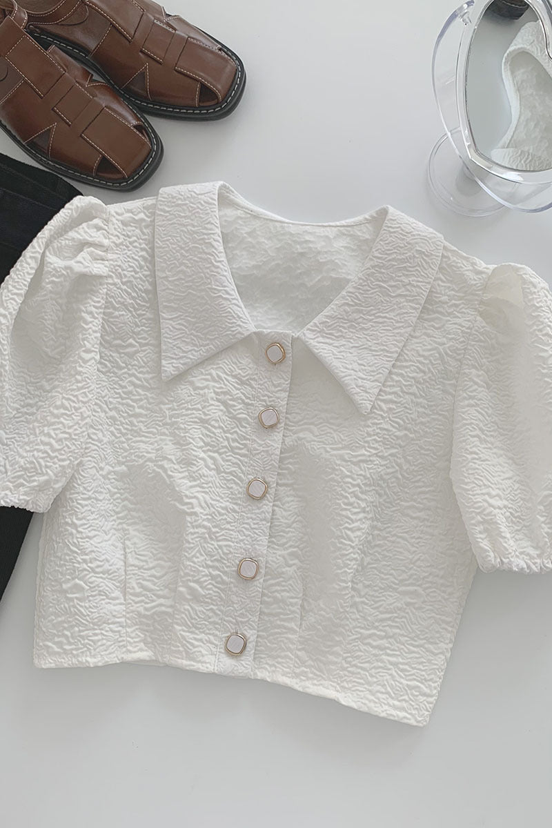 Elegant White Short Sleeve Button-Up Top Korean Style Niche Design Temperament Small Short Top