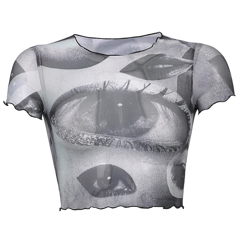 Net Gauze Big Eyes Printed Wood Ear Short Crop Top T-shirt