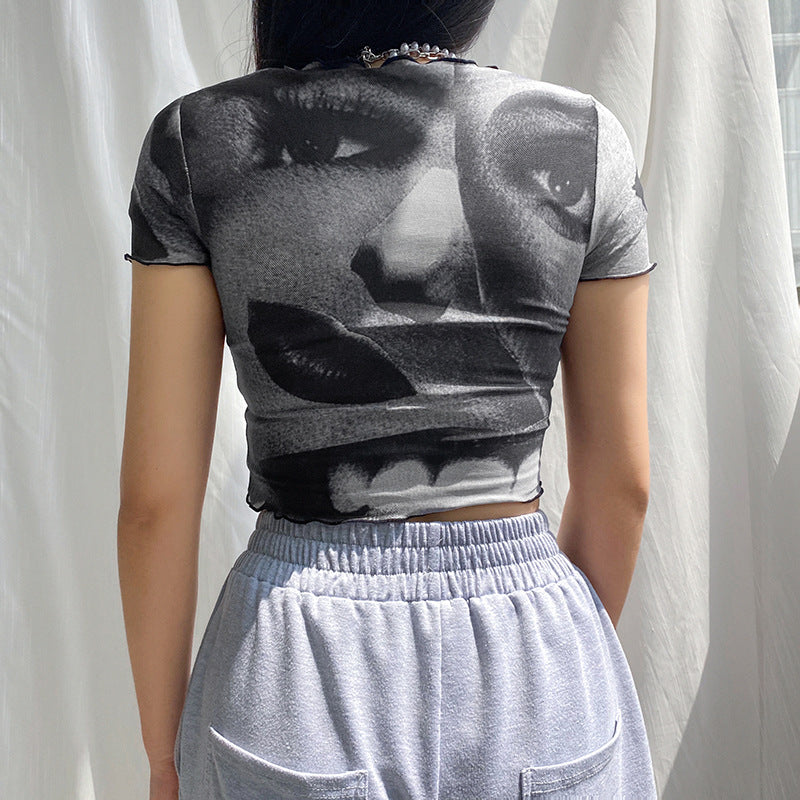 Net Gauze Big Eyes Printed Wood Ear Short Crop Top T-shirt