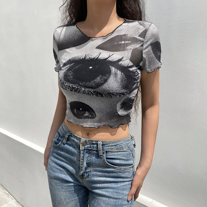 Net Gauze Big Eyes Printed Wood Ear Short Crop Top T-shirt