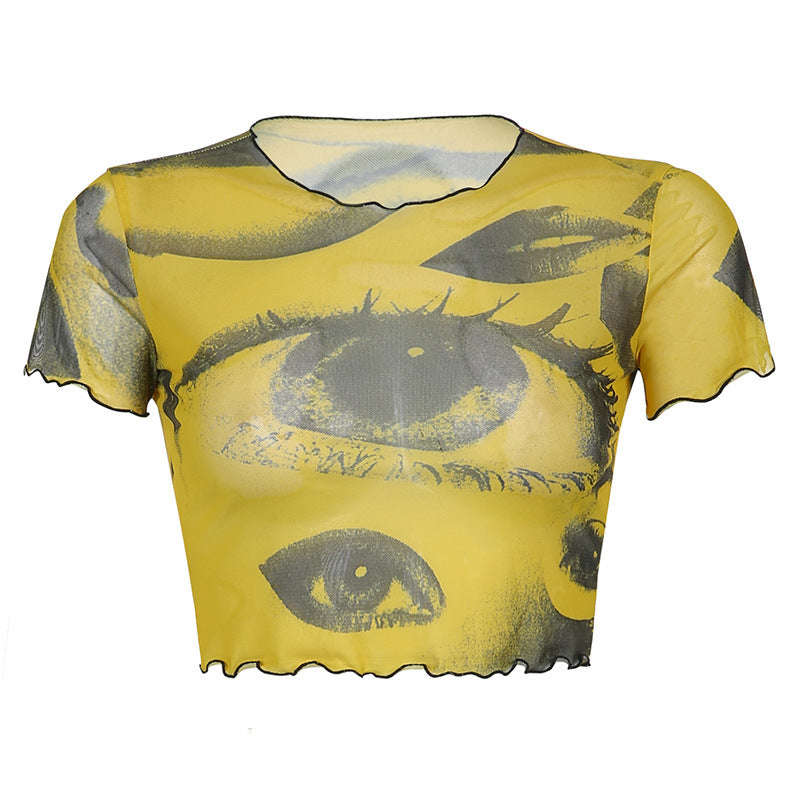 Net Gauze Big Eyes Printed Wood Ear Short Crop Top T-shirt