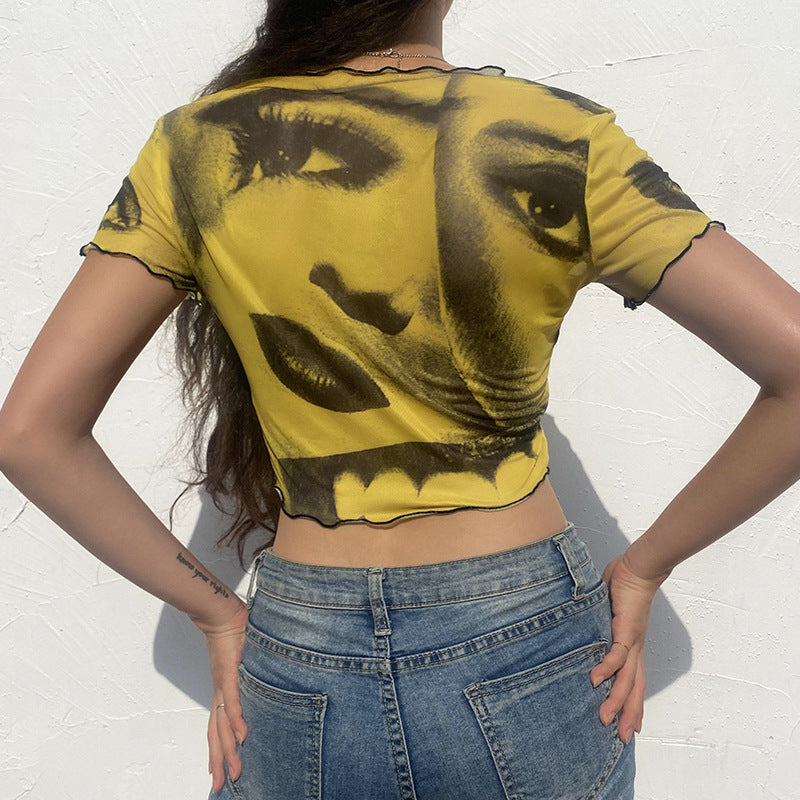 Net Gauze Big Eyes Printed Wood Ear Short Crop Top T-shirt